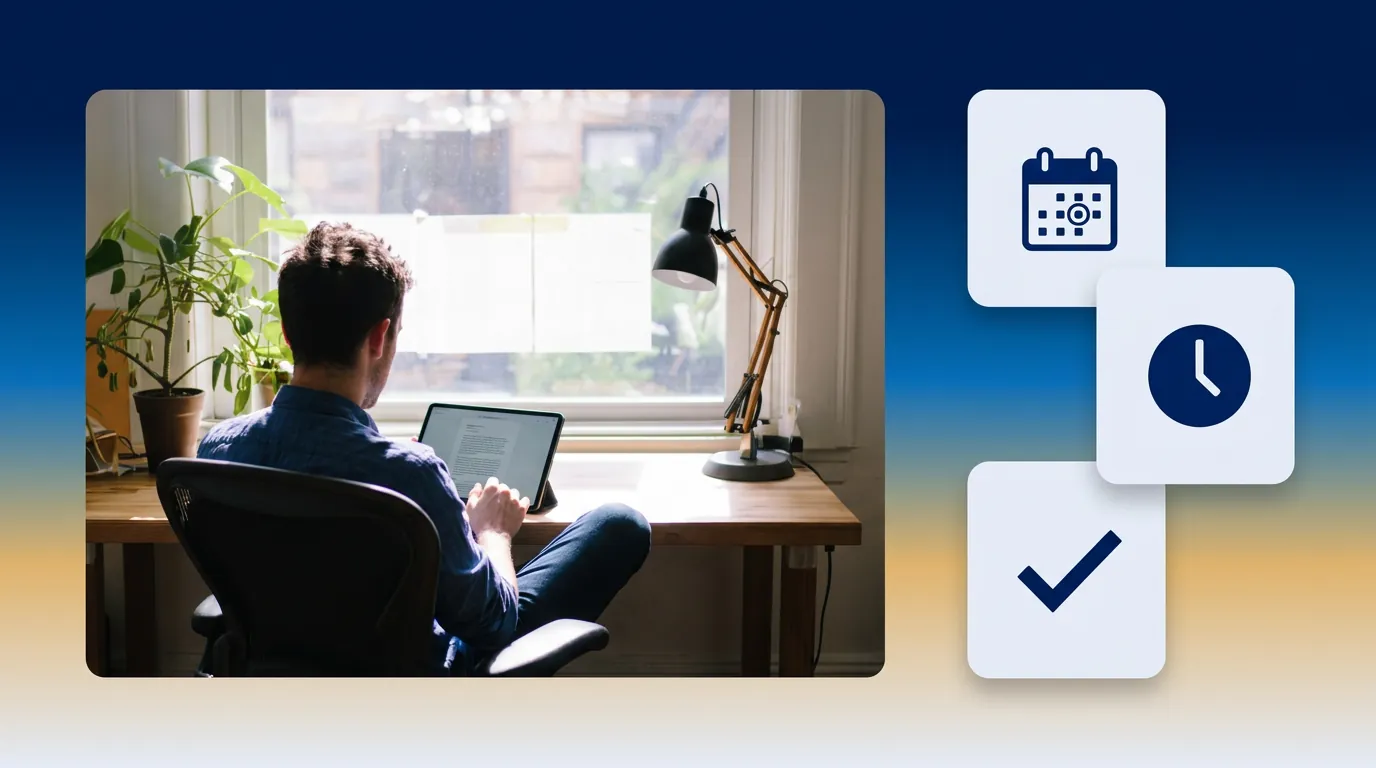 Patient booking an appointment on a laptop at a desk, with calendar, clock and checkmark icons