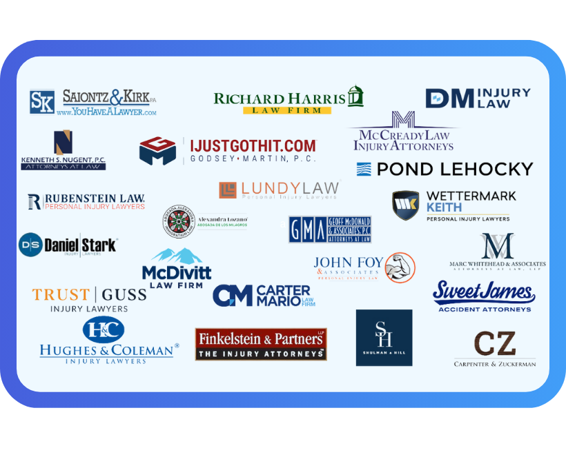 Collage of various law firm logos specializing in injury and personal injury law on a light blue background framed by a blue rounded border.