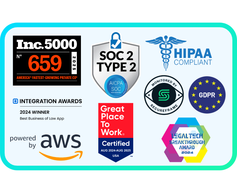 A collection of certification and award logos including Inc. 5000 No. 659, SOC 2 Type 2 compliance, HIPAA Compliant, Integration Awards 2024 Best Business of Law App, powered by AWS, Great Place to Work Certified for Aug 2024 - Aug 2025 USA, Secureframe monitored, GDPR, and Legal Tech Breakthrough Award 2024.