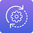 White gear icon enclosed within a circular arrow on a purple gradient background representing settings or process.