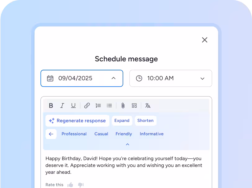 Scheduled message interface with AI-generated birthday greeting.