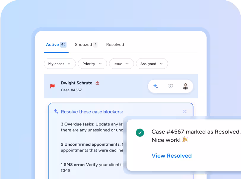 Case blockers panel showing active cases, with resolution confirmation message.