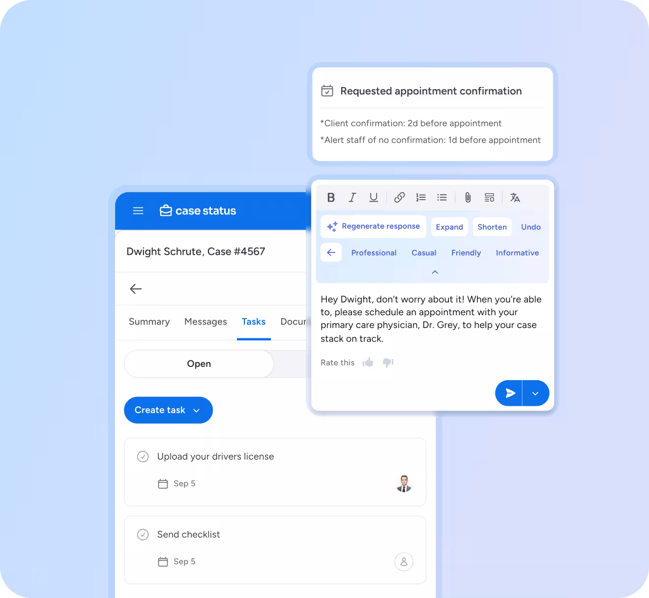 A screenshot of the backend of a case management system, showing the "Tasks" tab for a client named Dwight Schrute. A pop-up window displays an AI-powered message editor that is generating a response to the client, with options to change the tone to professional, casual, or friendly. Another pop-up shows an automated workflow for appointment confirmations.

