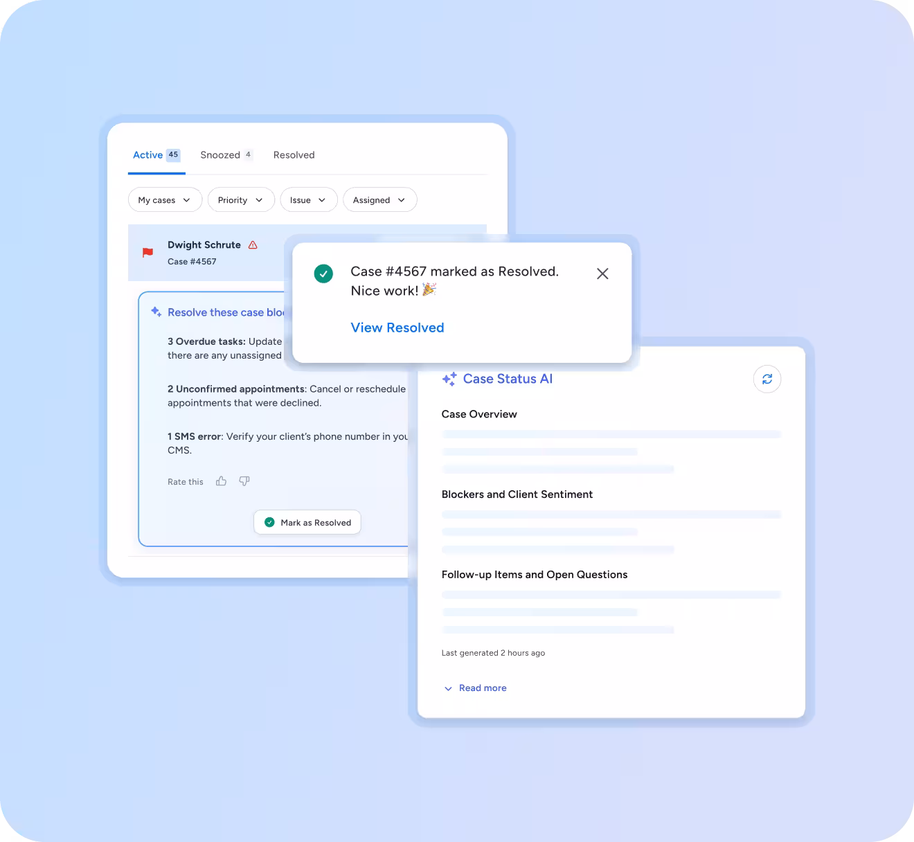 A screenshot of a case management dashboard for a law firm. The main window lists active cases with alerts for overdue tasks and unconfirmed appointments. Overlaid on the screen is a "Case Status AI" report providing a case overview, an analysis of blockers and client sentiment, and a list of follow-up items.