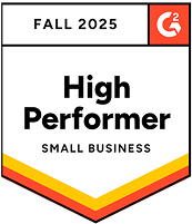 The G2 High Performer award badge for the Small Business category, Fall 2025.