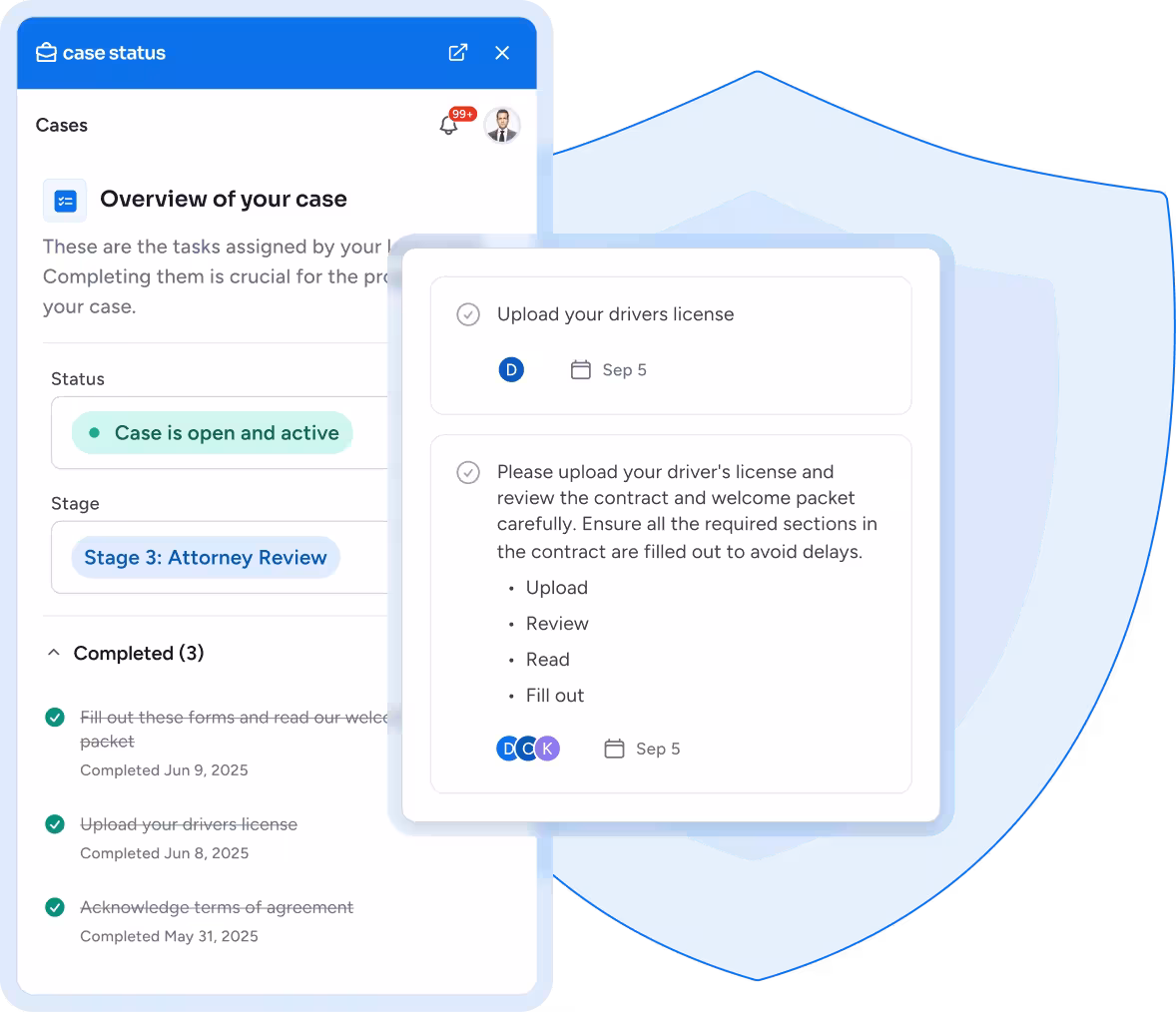 User interface showing a case status panel with an open case in attorney review stage and a task list including uploading a driver's license and reviewing contract details, overlaid on a blue shield icon.