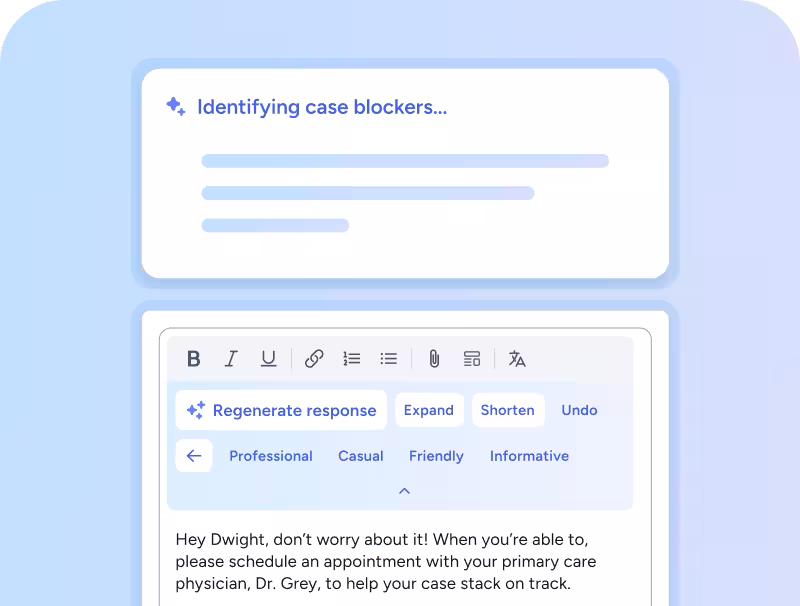 User interface showing a text editor with options to regenerate response, expand, shorten, and undo, above a message advising scheduling an appointment with a primary care physician.