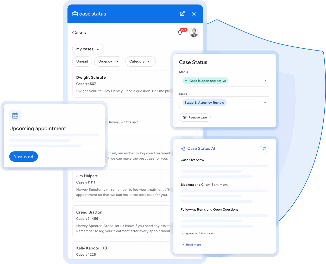 Dashboard interface showing case status with filters, case details for Dwight Schrute, Jim Halpert, Creed Bratton, and Kelly Kapoor, an upcoming appointment alert, and AI-generated case overview.
