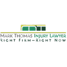Mark Thomas Injury Lawyers logo with tagline 'Right Firm—Right Now' featuring green and gold text and design elements.