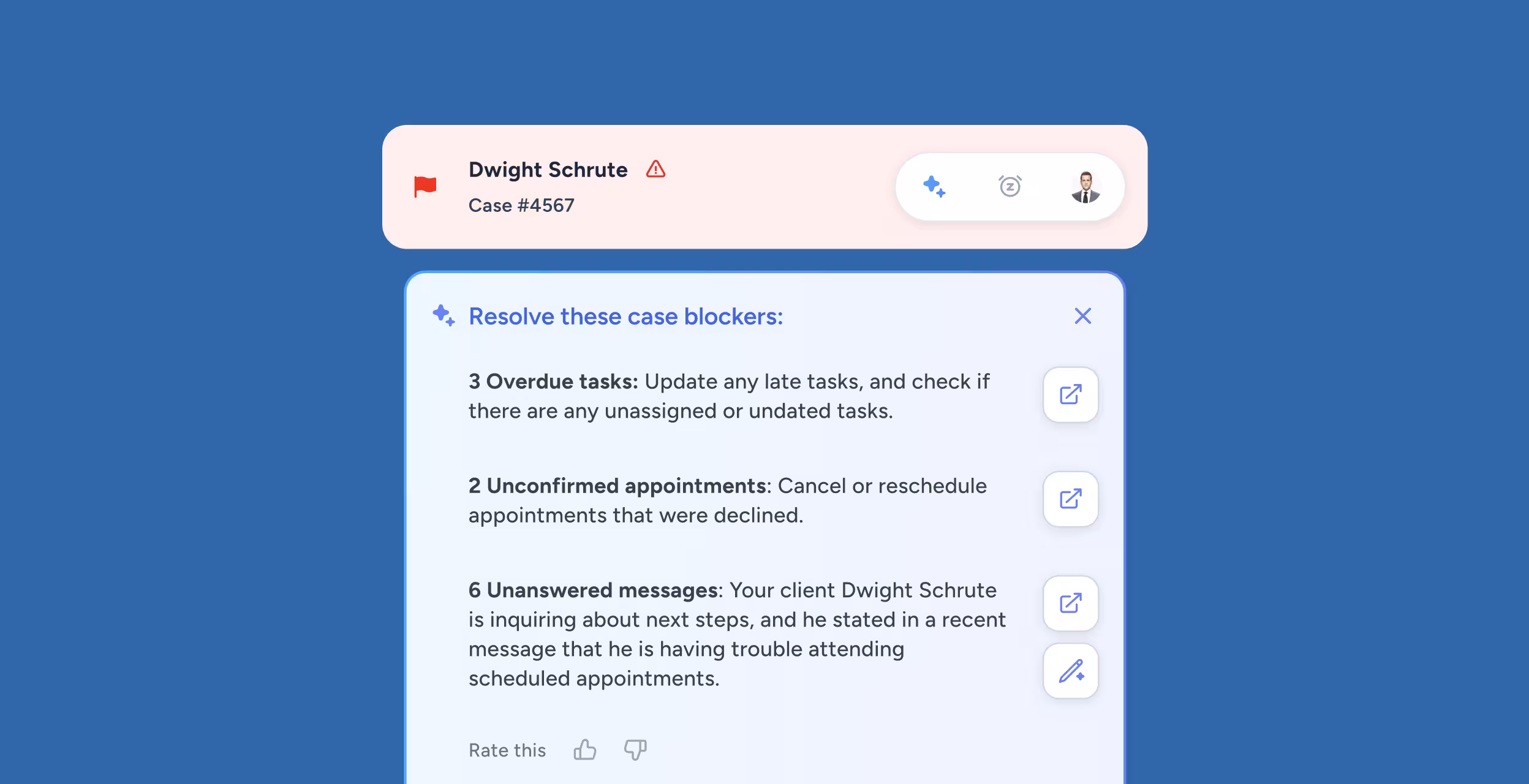 Case management interface showing Dwight Schrute's case #4567 with alerts for 3 overdue tasks, 2 unconfirmed appointments, and 6 unanswered messages about scheduling issues.