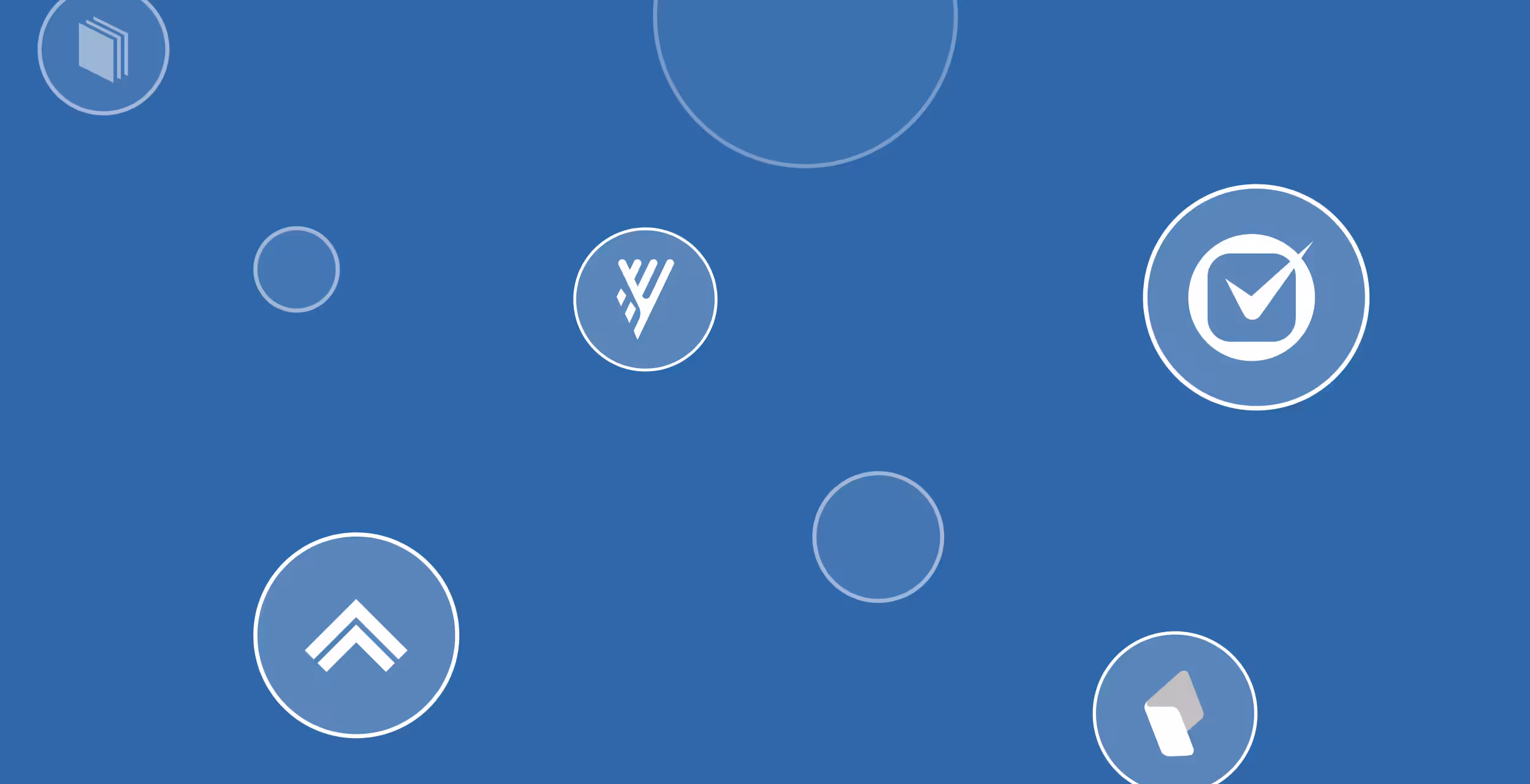 Blue background with scattered white outlined circles containing various white abstract icons.