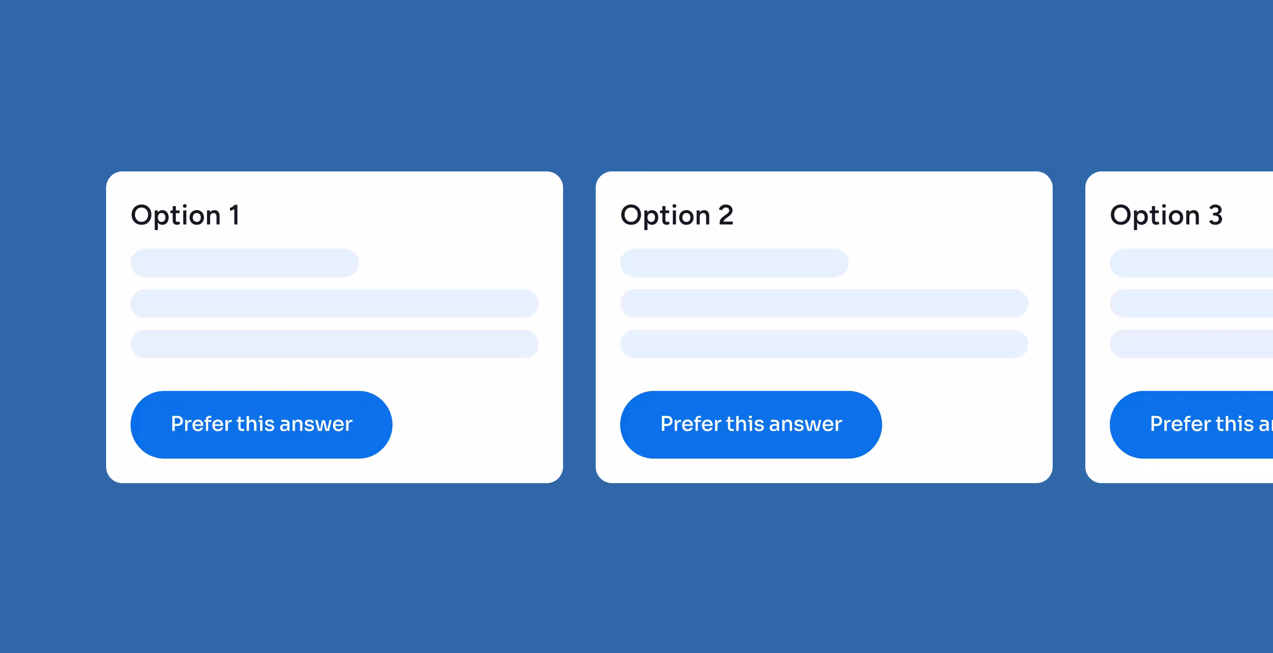 Three option cards labeled Option 1, Option 2, and Option 3 on a blue background, each with placeholder text and a blue button labeled 'Prefer this answer.'
