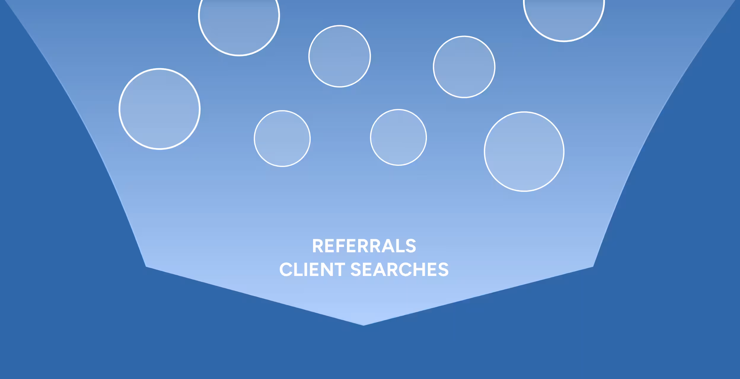 Blue funnel shape with white circles above and text reading 'REFERRALS CLIENT SEARCHES' at the bottom center.