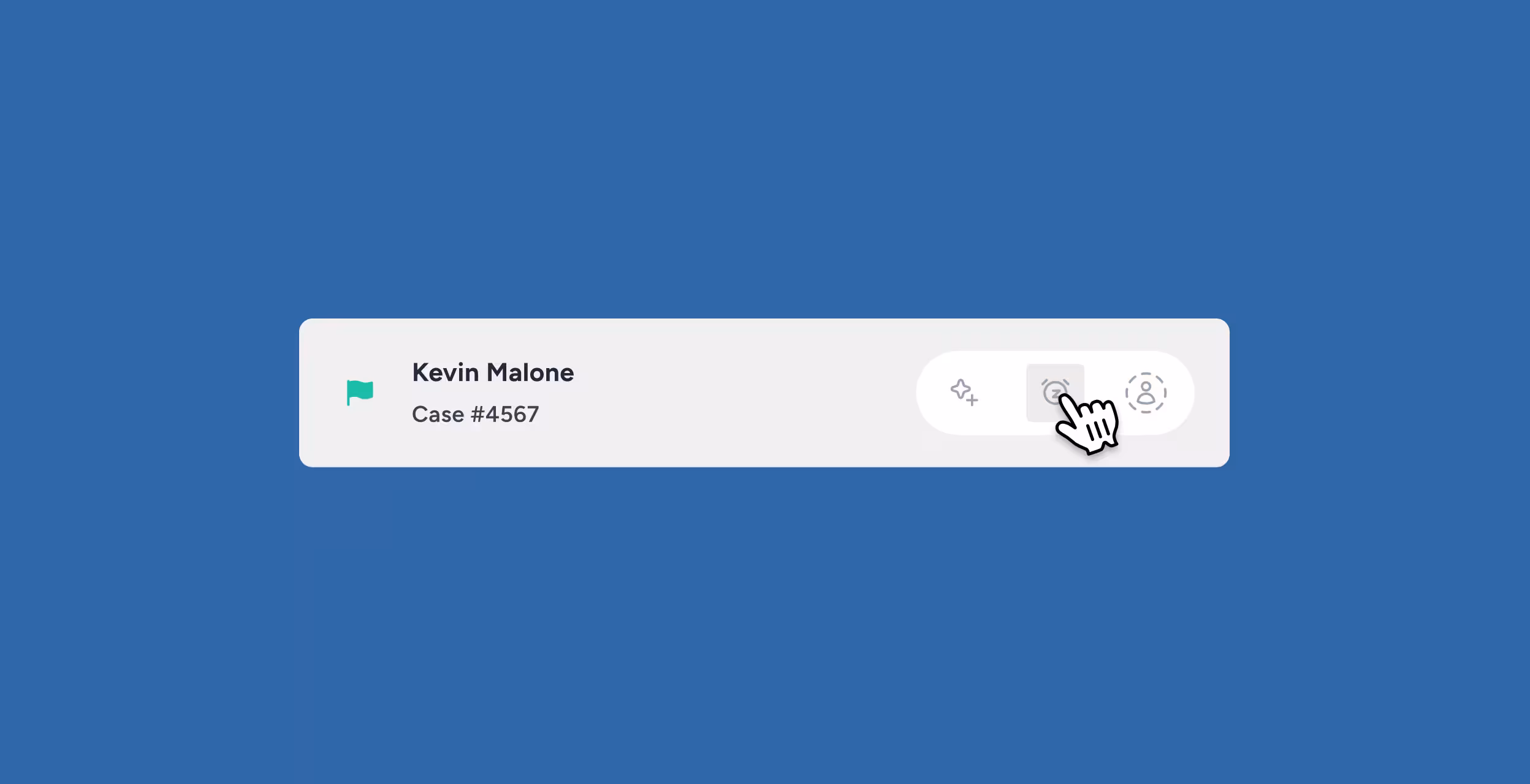 User interface with a case label showing Kevin Malone, Case #4567, and a hand cursor clicking a notification icon.