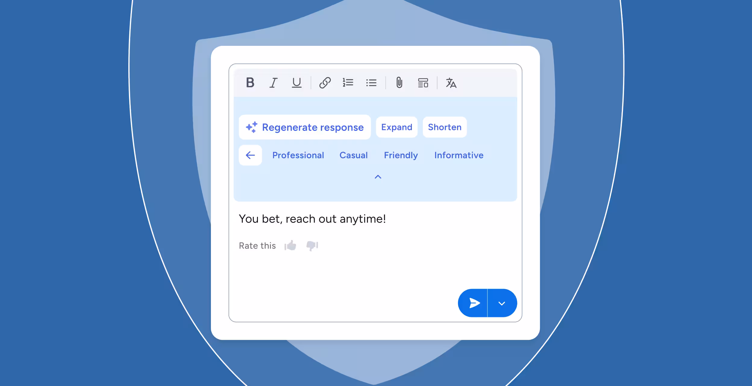 User interface displaying text editor with options to regenerate response, expand, shorten, and choose tones: professional, casual, friendly, informative.