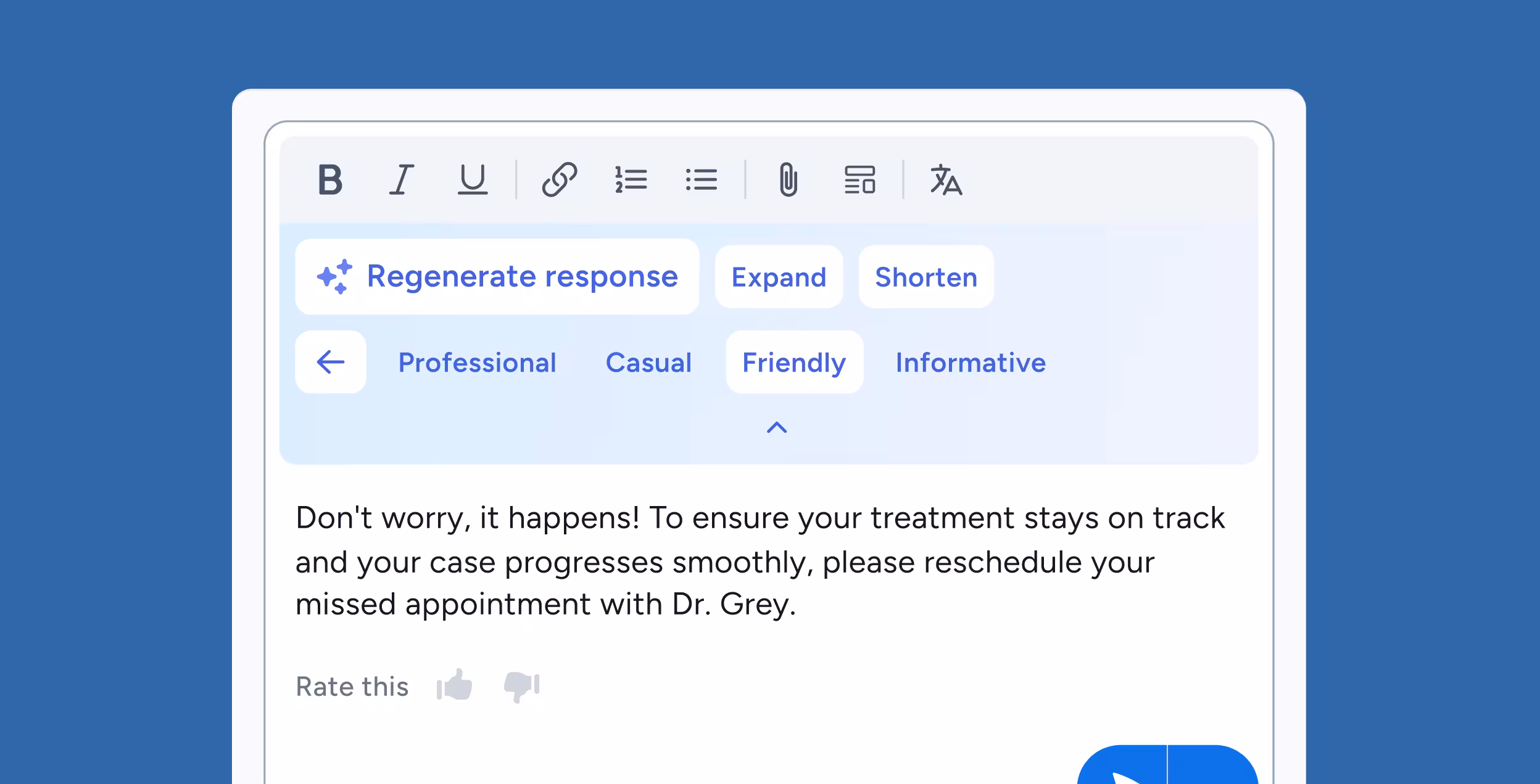 Screenshot of a text editor with formatting tools and tone options, displaying a friendly message advising to reschedule a missed appointment with Dr. Grey.