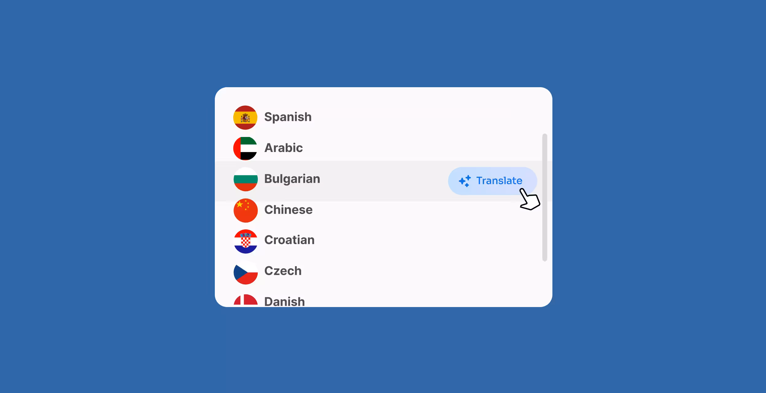 Language selection menu showing options including Spanish, Arabic, Bulgarian with a cursor clicking the Translate button next to Bulgarian.