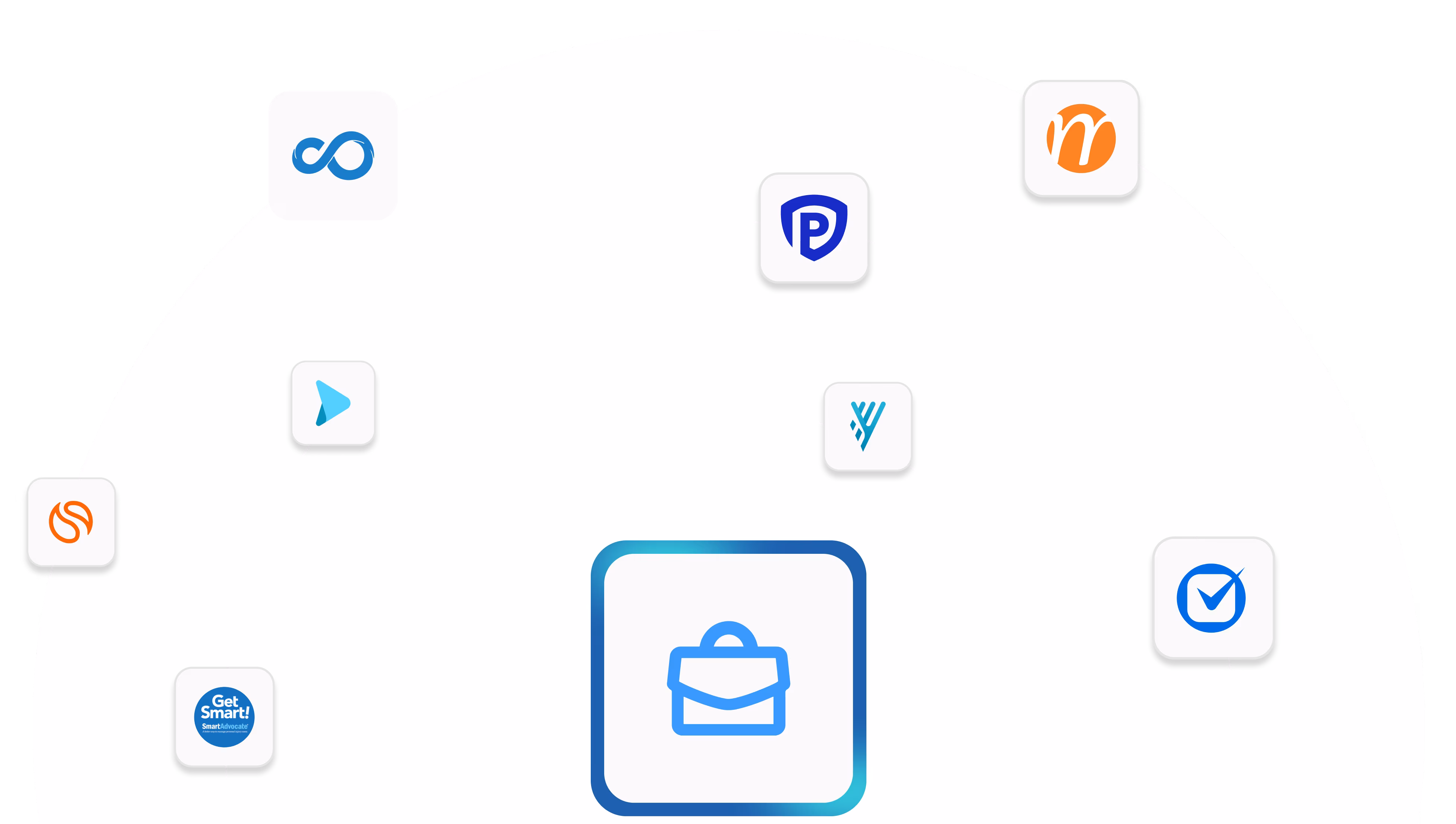 A collection of seven tech company logos arranged on a white curved background including the Loop Infinity, Smart Advocate Get Smart, and PandaDoc logos.