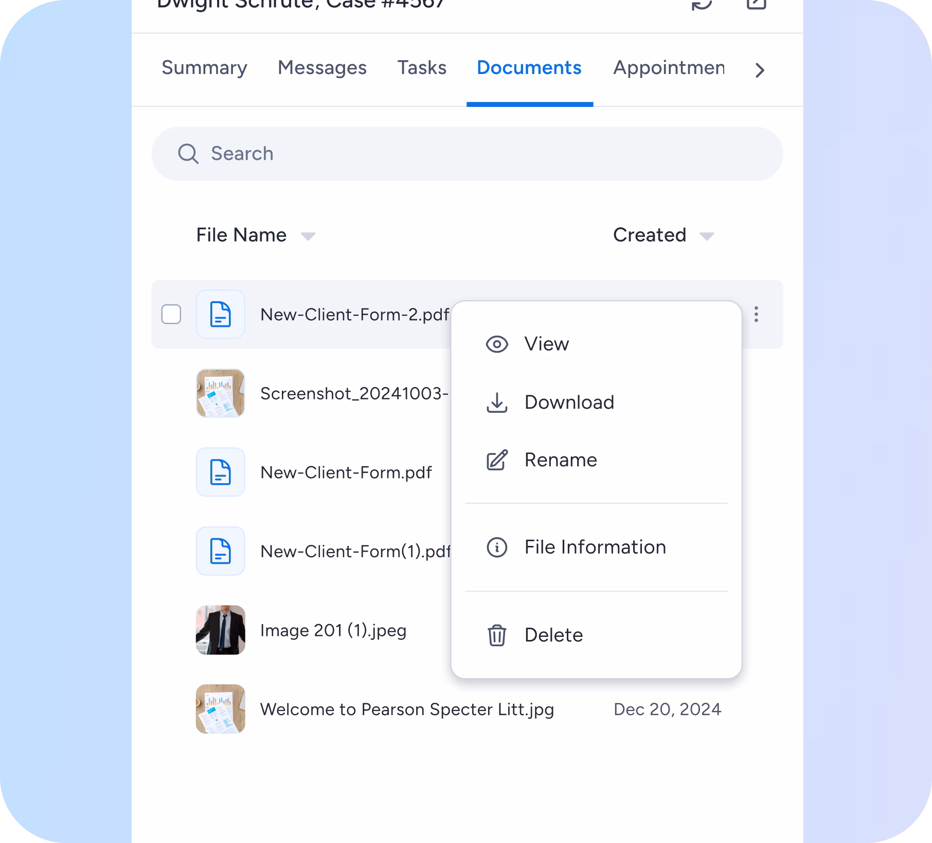 Document management interface showing a list of files with options menu open for 'New-Client-Form-2.pdf' including View, Download, Rename, File Information, and Delete.