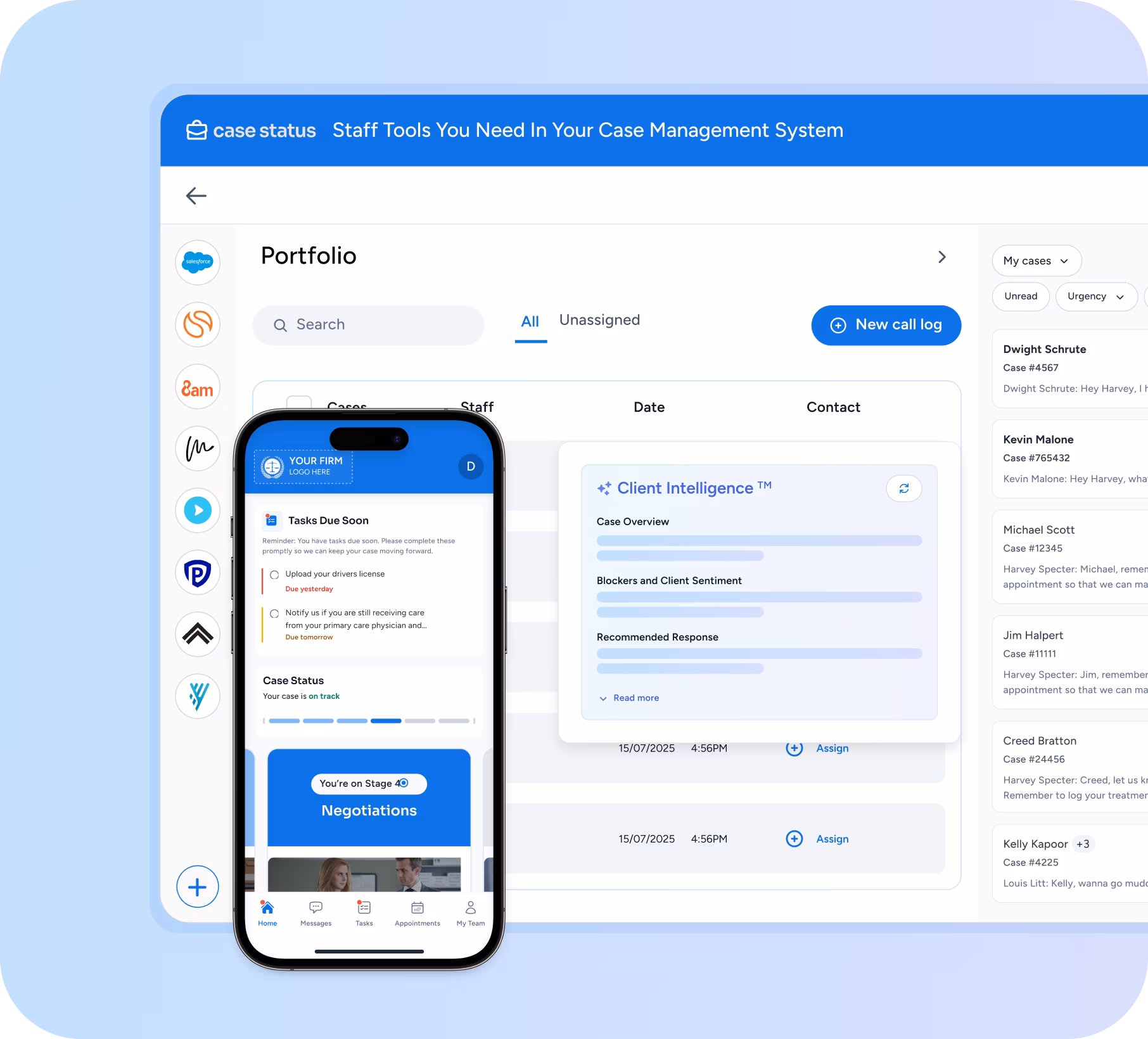 Mobile screen with client task reminders, case status marked on track, negotiation video, and side panels showing upcoming follow-up events and a message input box.