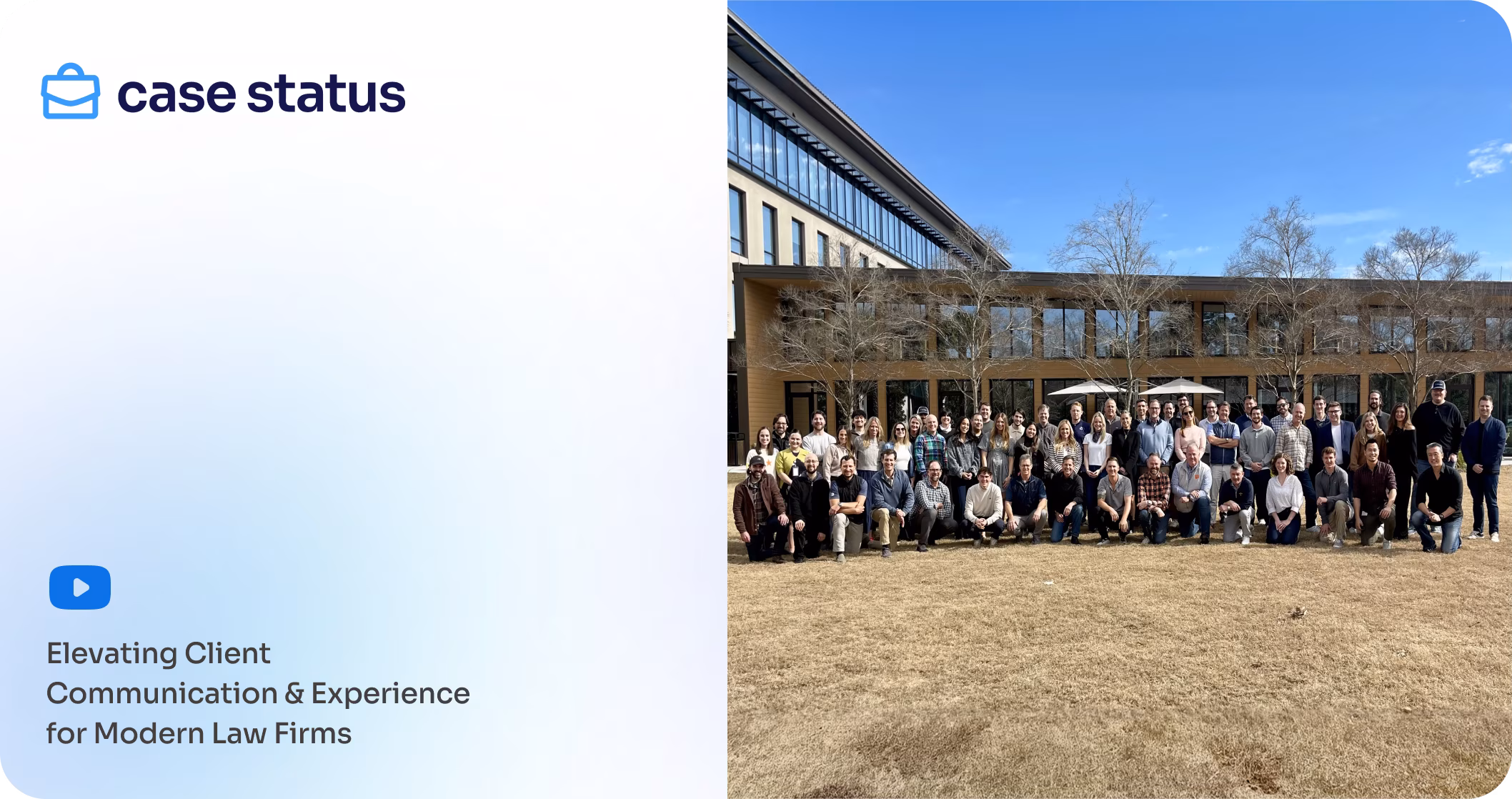 Group photo of a diverse team wearing blue and light blue Case Status T-shirts against a plain background.