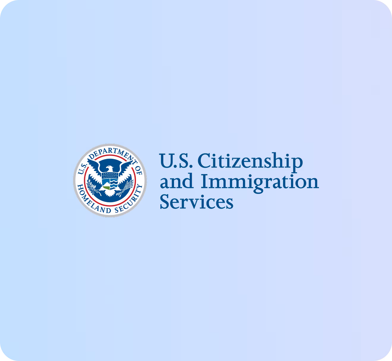 Seal of the U.S. Department of Homeland Security next to text reading U.S. Citizenship and Immigration Services on a light blue background.
