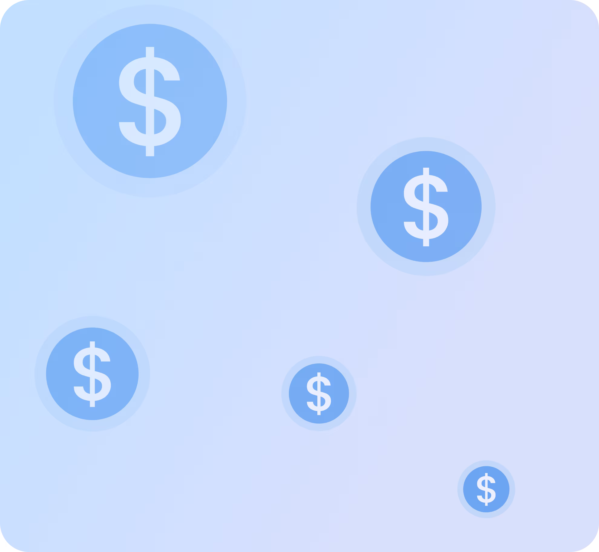 Blue coins with white dollar signs on a light blue background.