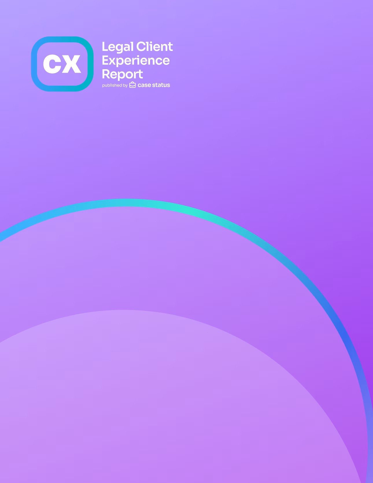 Legal Client Experience Report logo on a purple background with blue and green arc design.