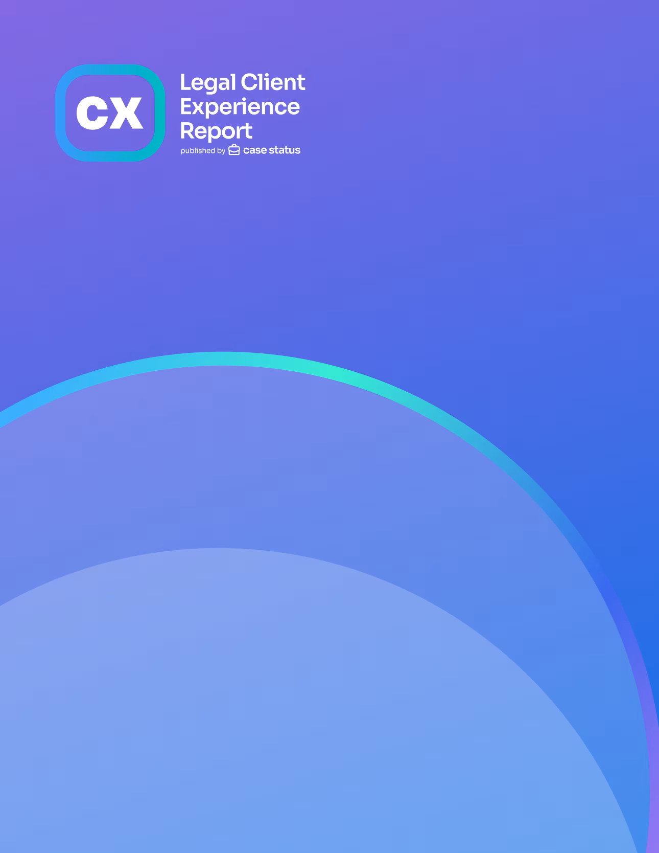 Legal Client Experience Report logo and title with blue and purple gradient background and circular design.