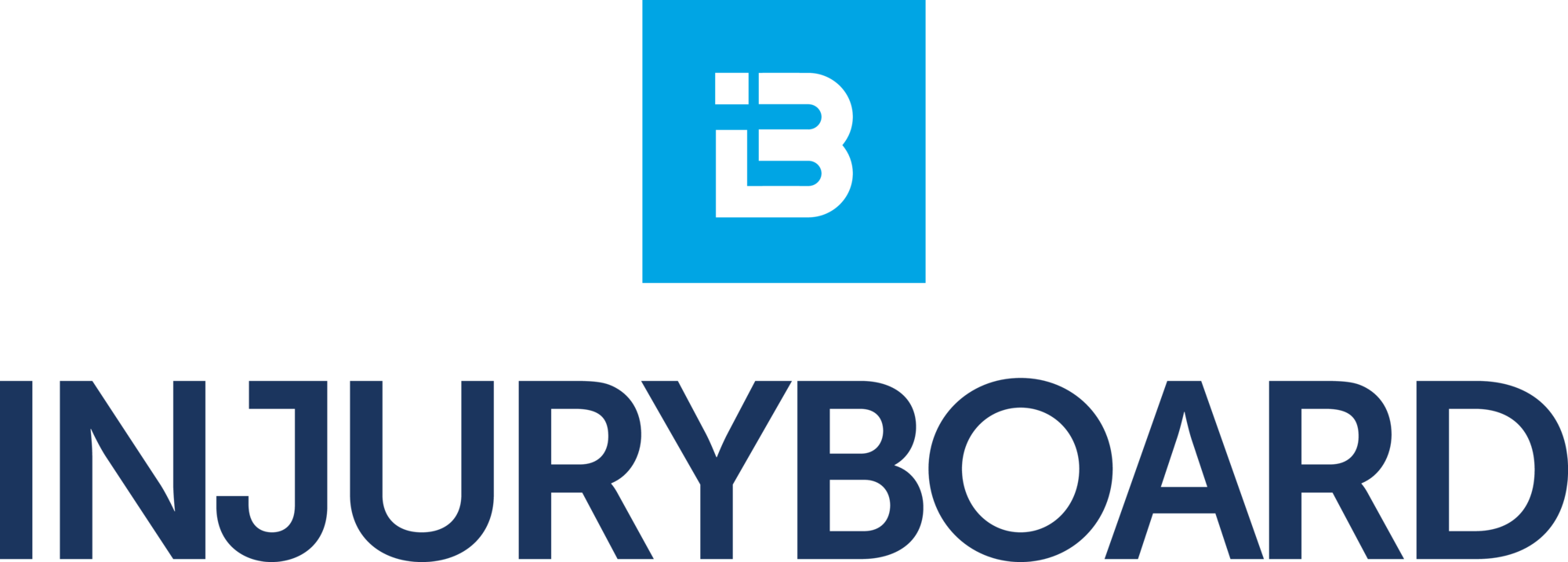Injury Board logo featuring large dark blue text 'INJURY BOARD' with a blue square above containing a stylized lowercase 'i' and 'b' combined in black.