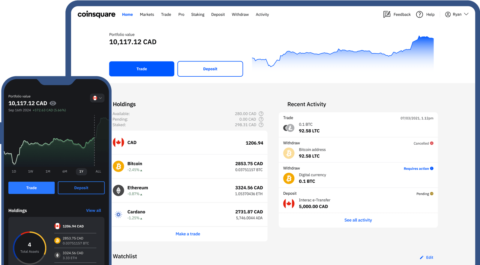 Coinsquare Desktop App interface showing portfolio dashboard, Bitcoin holdings, and trading activity on Windows