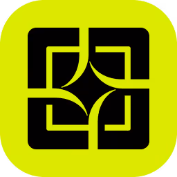 Abstract black geometric design with interlocking shapes on a bright yellow-green square background with rounded corners.