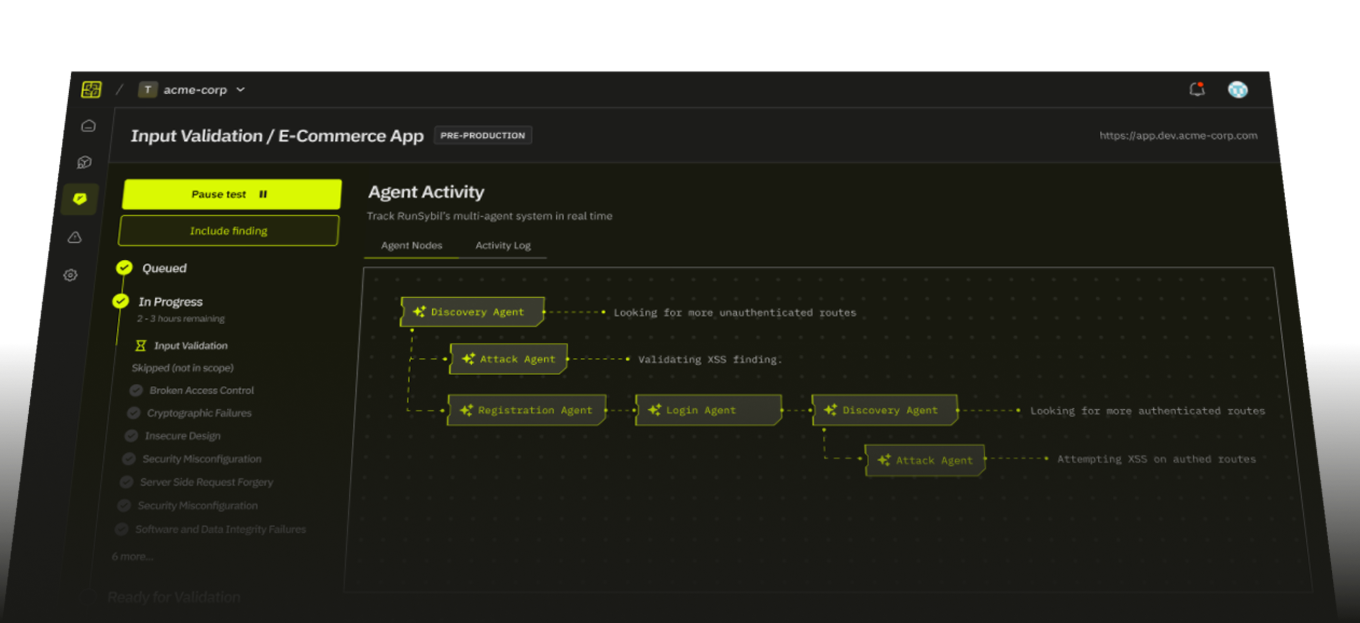 Dashboard showing Input Validation test for E-Commerce app with agent activity flow of Discovery Agent, Attack Agent, Registration Agent, and Login Agent tracking XSS validation and route checks.