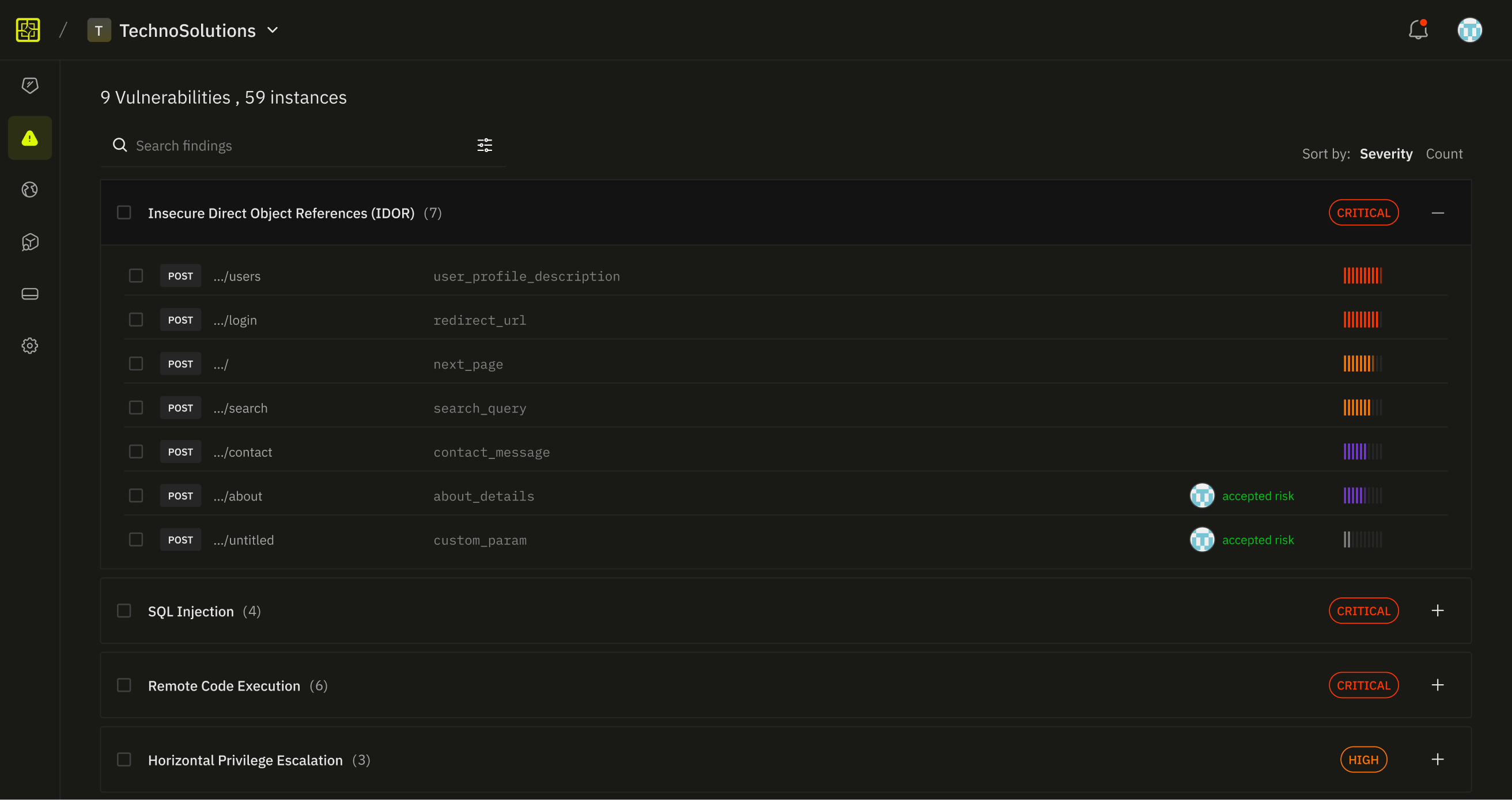 Dashboard listing 9 vulnerabilities and 59 instances for TechnoSolutions, showing categories like Insecure Direct Object References with severity indicators and accepted risks.