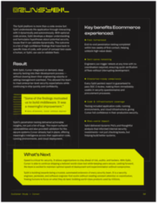Case study page describing the Syft platform’s security testing benefits, key ecommerce experience advantages, a customer quote, and next steps highlighted in yellow on a dark background.