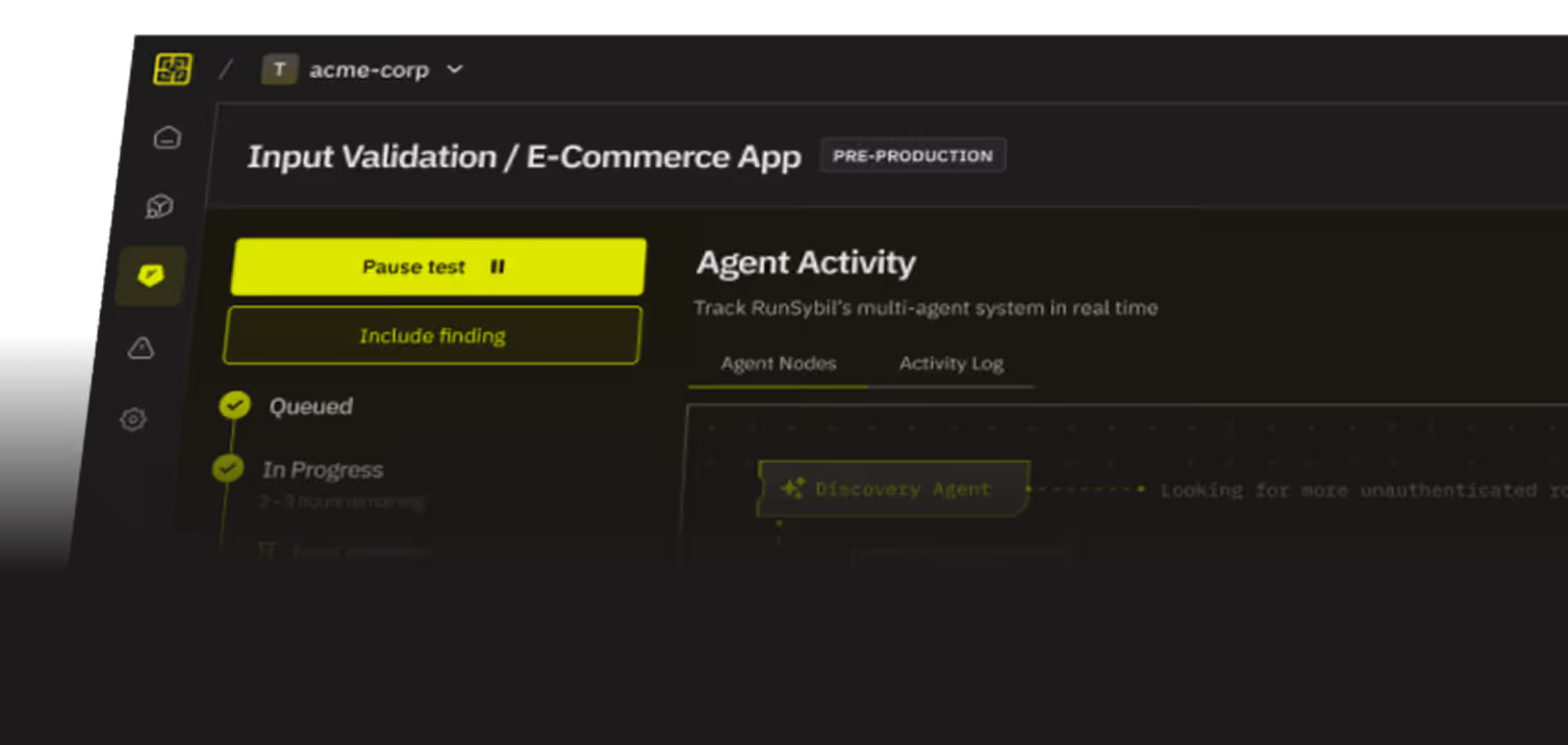 Interface showing input validation test paused for e-commerce app with agent activity tracking in progress.