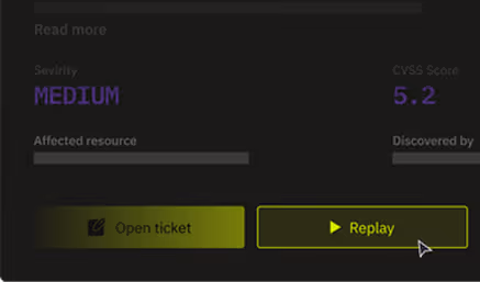 Interface showing Medium severity, CVSS score 5.2, with buttons to open ticket or replay.