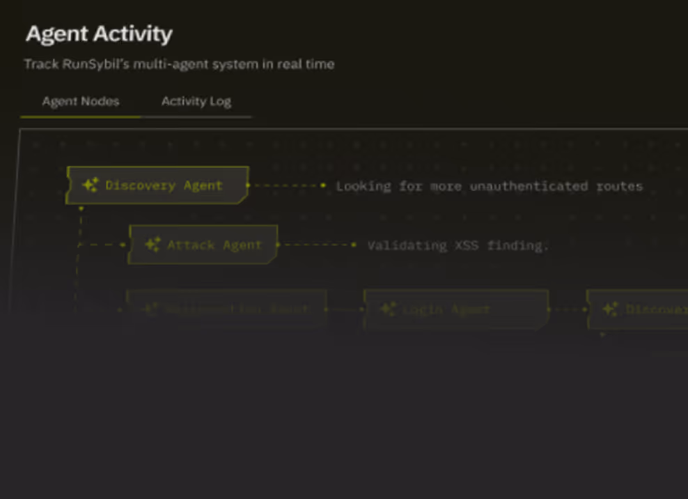 Interface showing agent activity in RunSybil: Discovery Agent, Attack Agent validating XSS finding in real time.