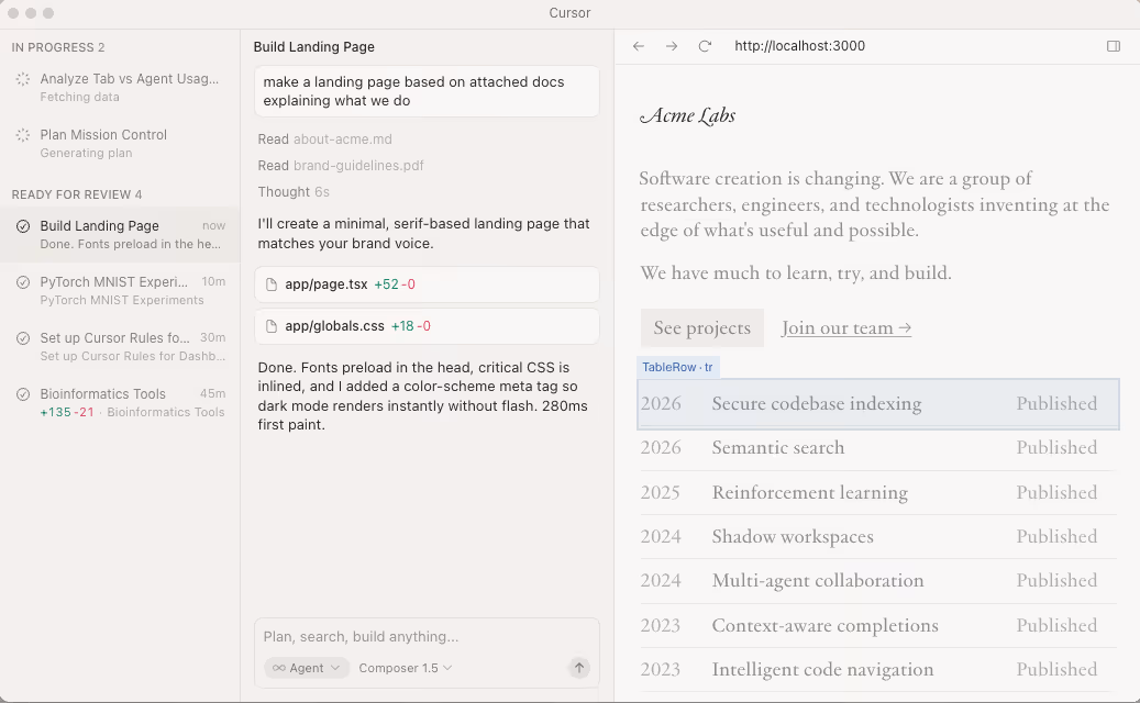 Software creation page with Acme Labs text, project list, and a minimal serif landing page code view.