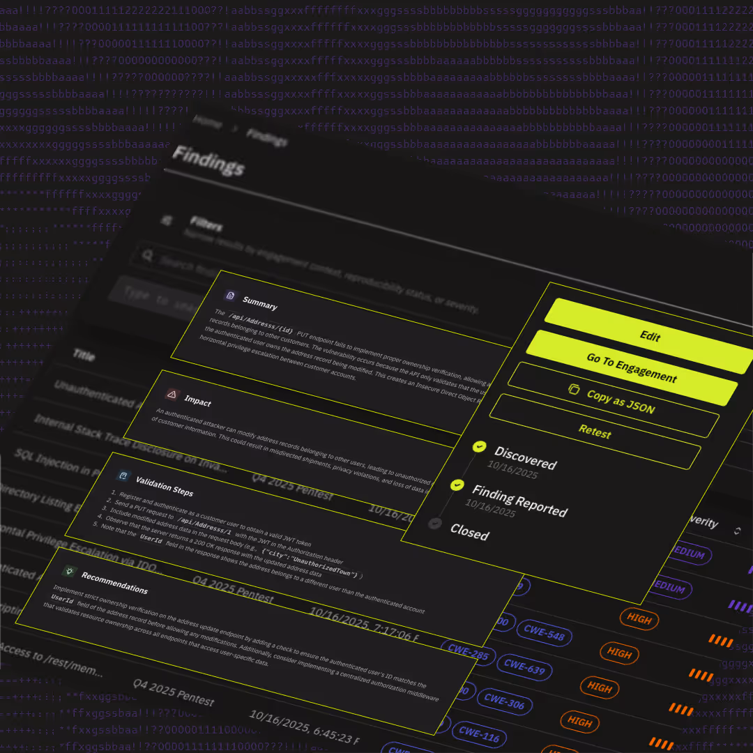 Cybersecurity dashboard showing running engagements, agent activity network, and vulnerability findings with severity levels.
