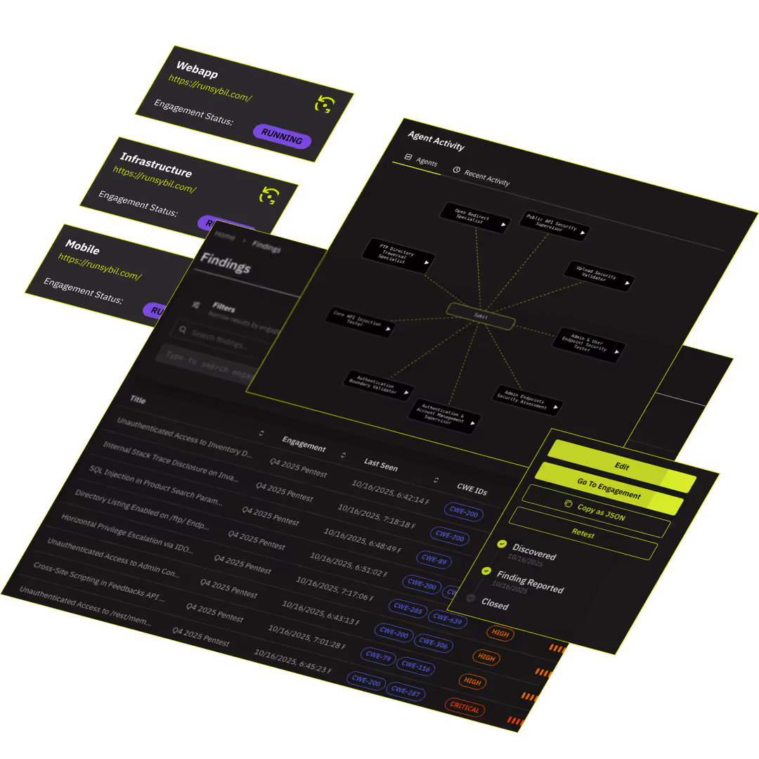 Cybersecurity dashboard showing engagement status, agent activity network, and vulnerability findings with risk levels.
