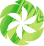 Green abstract circular pinwheel shape with curved blades forming a spiral pattern.
