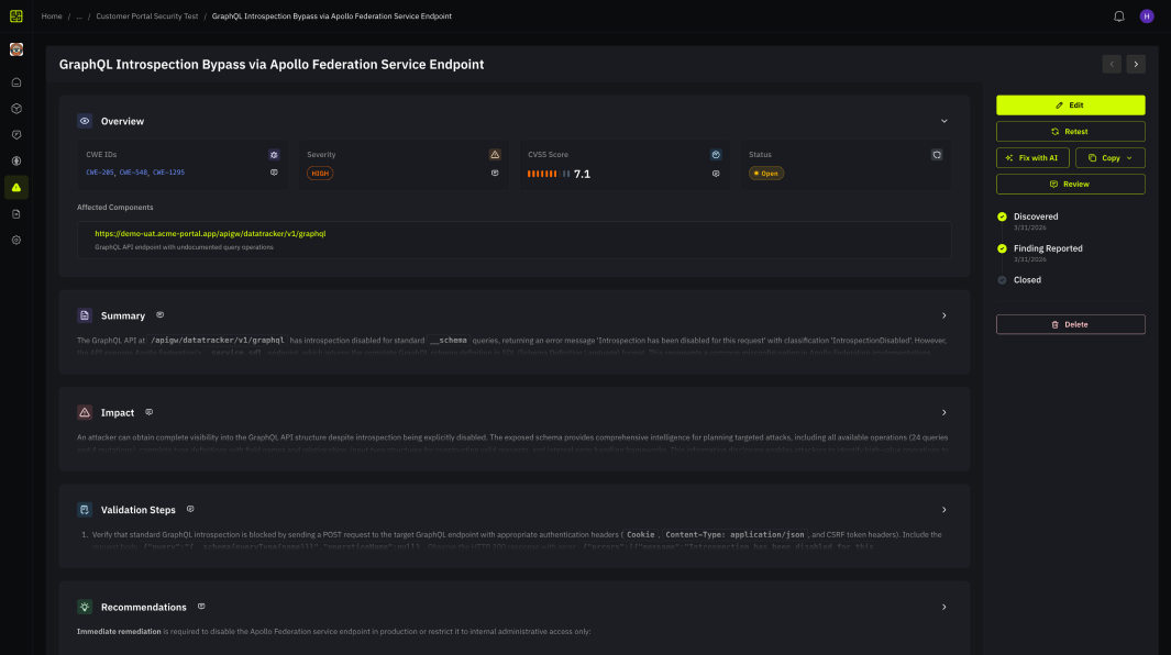 Screenshot of a Sybil finding detail page showing overview, summary, impact, validation steps, and recommendations