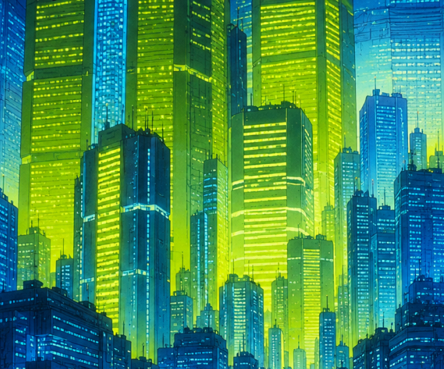 Illuminated city skyline visualization representing Sybil's application coverage map