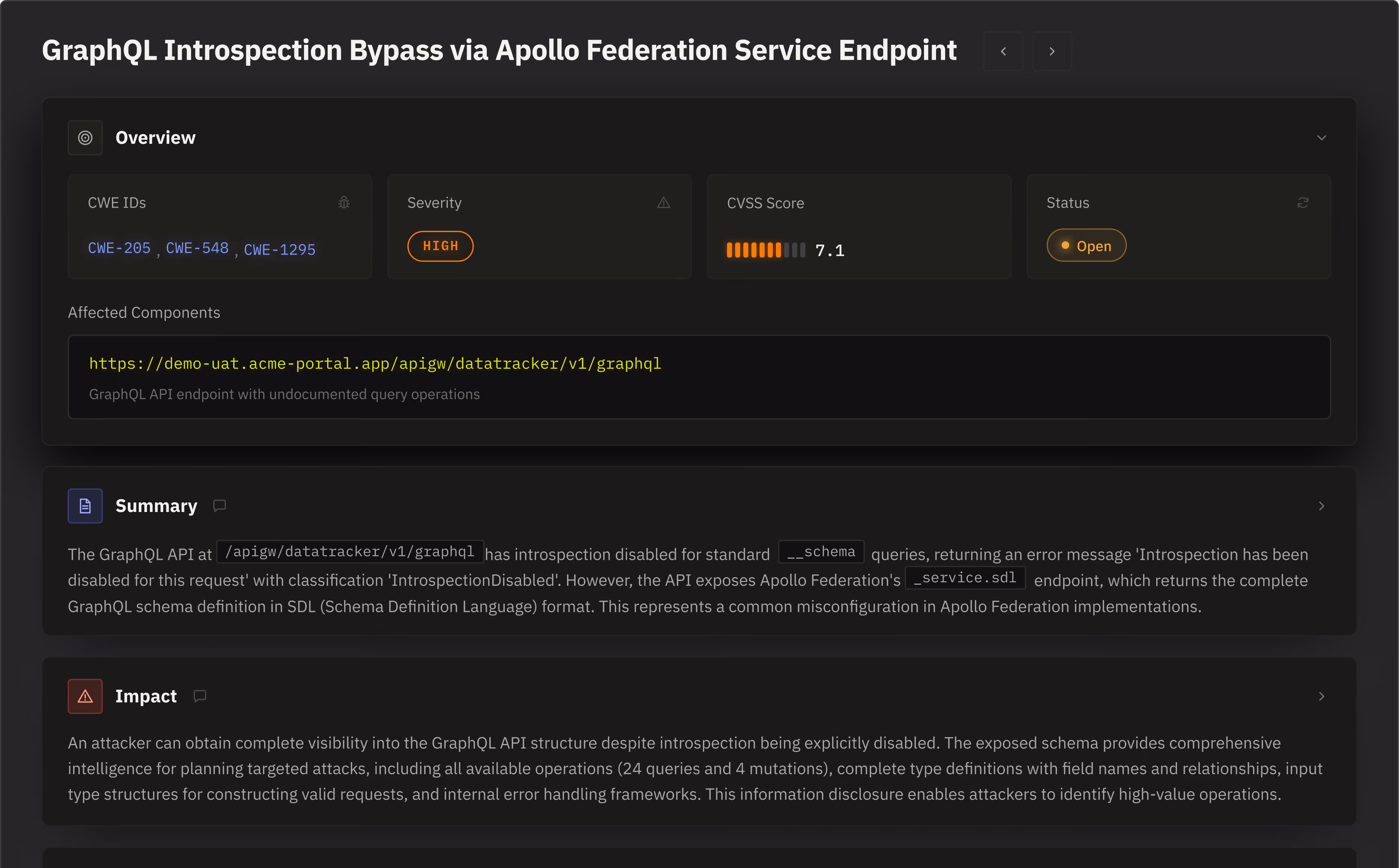 Dashboard showing GraphQL introspection bypass vulnerability with high severity, CVSS 7.1, and open status.
