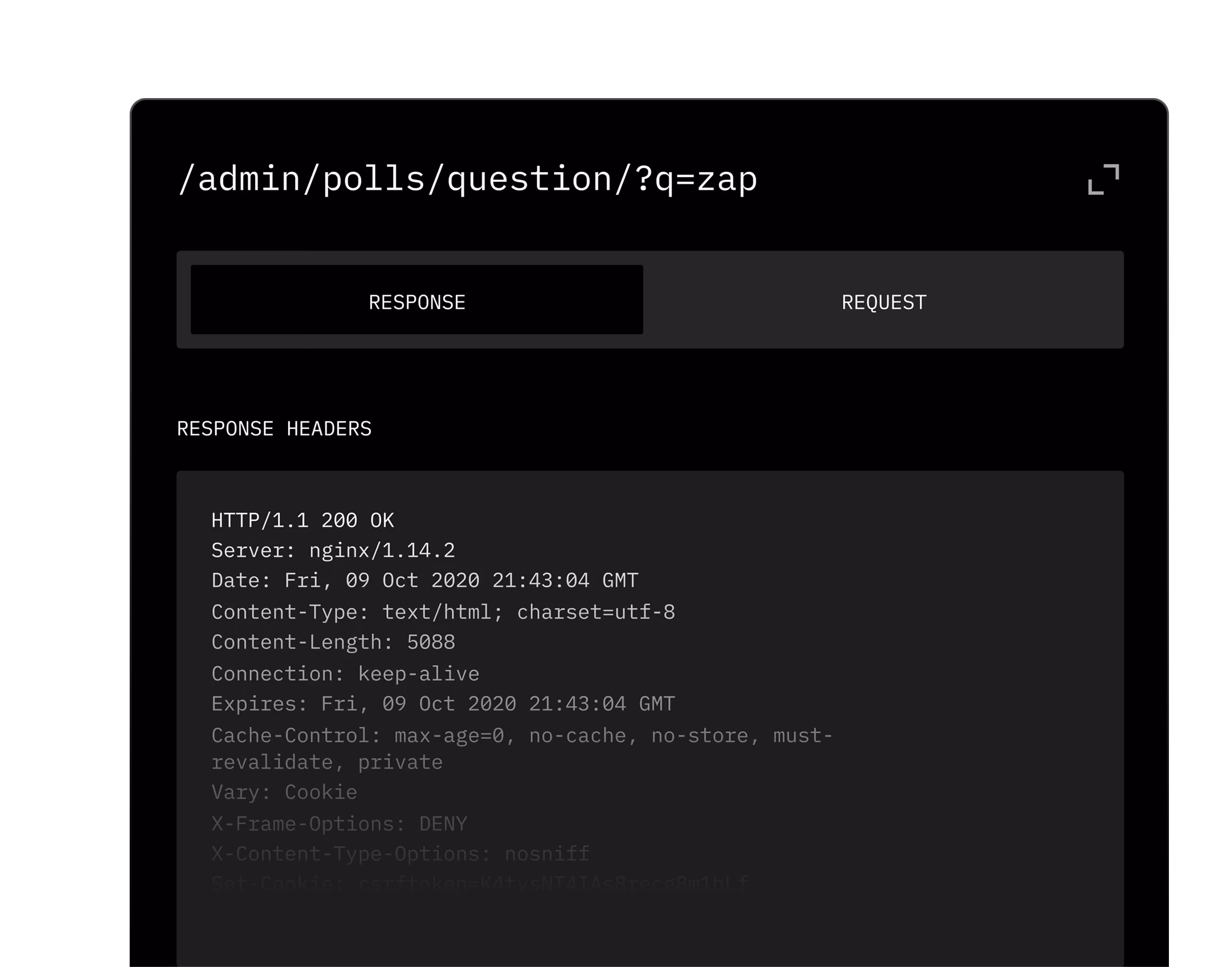 Screenshot showing a web server response with HTTP 200 OK status and related headers in a black interface.