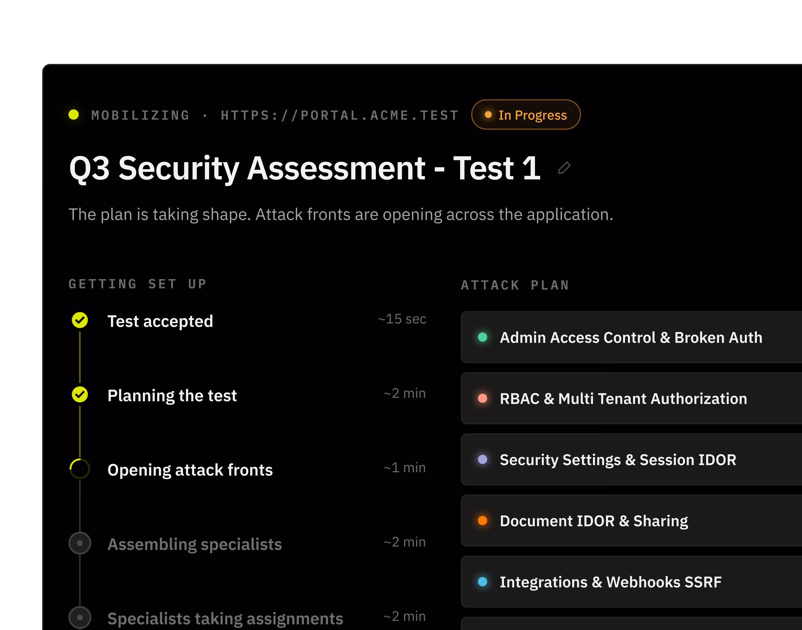 Q3 Security Assessment Test 1 plan showing setup steps and attack plan with status indicators on dark background.