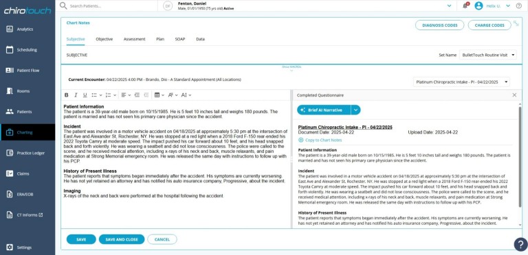 ChiroTouch software interface displaying patient notes.
