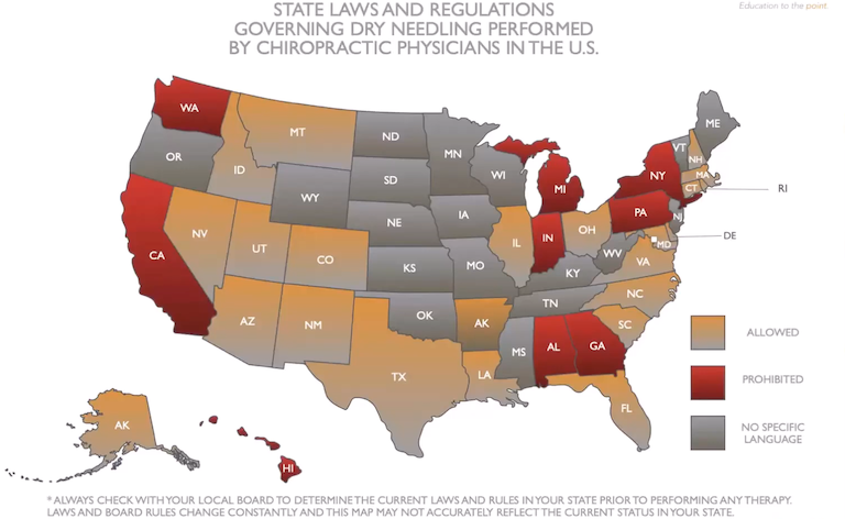 U.S. map showing state regulations on dry needling by chiropractors.