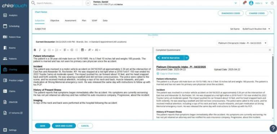 ChiroTouch Rheo AI scribe interface showing a SOAP note drafted in real time during a patient visit.